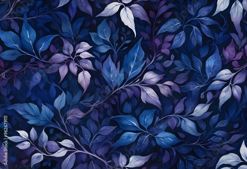 An oil painting of purple and blue leaves and branches