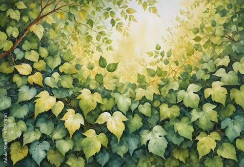 A painting of a tree with green leaves and yellow leaves