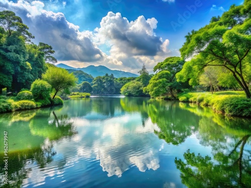 A Serene Landscape Featuring Tranquil Waters, Lush Greenery, And A Soft Sky Evokes A Sense Of Peace And Relaxation.