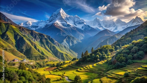 A Serene Mountain Landscape With Snow-Capped Peaks And Lush Green Valleys, Capturing The Pristine Beauty Of The Nepalese Himalayas. photo