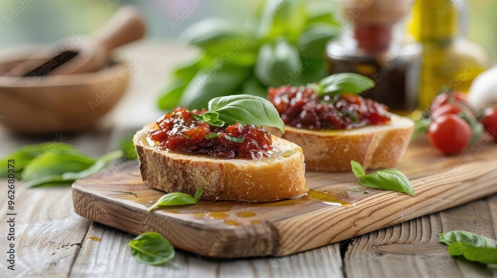 Eggplant jam spread on warm toasted bread, with fresh basil leaves and a drizzle of olive oil around. Eggplant jam spread on warm toasted bread, with fresh basil leaves and a drizzle of olive oil around.