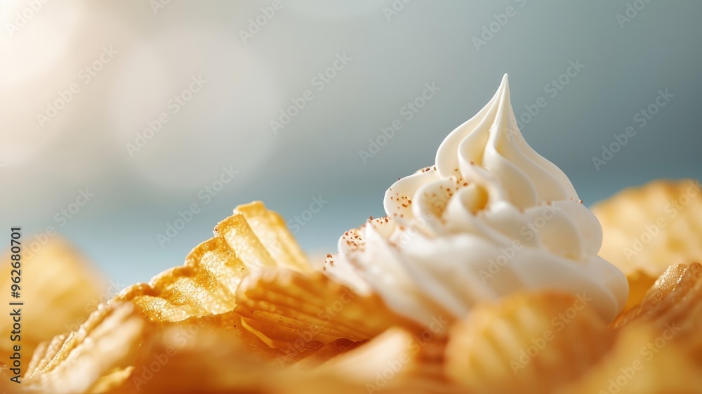 A close-up of a potato chip dipped in creamy onion dip. A close-up of a potato chip dipped in creamy onion dip.