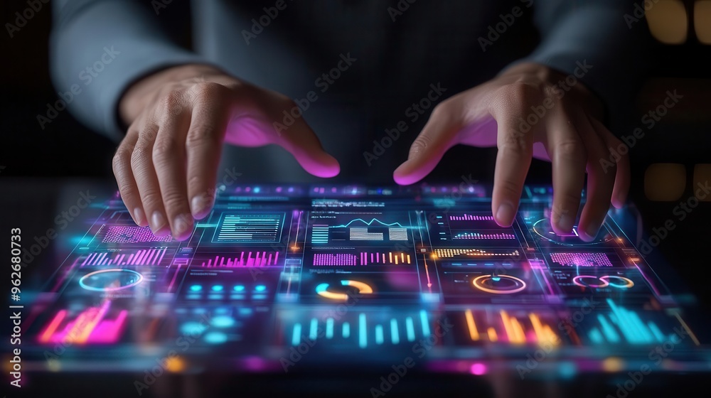 Hands hovering over a futuristic holographic ERP dashboard, partial body, business automation tools Hands hovering over a futuristic holographic ERP dashboard, partial body, business automation tools