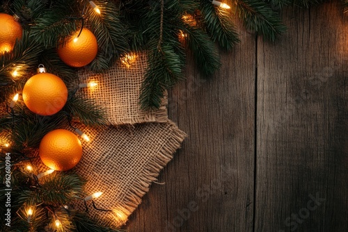 Festive decoration with bouquet and branches of spruce, bright glowing garland, orange, burlap on wooden background. Decor for Christmas, New Year. with generative ai photo