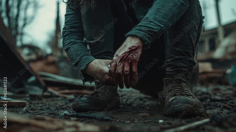 A person with bloody hands is crouching on the ground A person with bloody hands is crouching on the ground