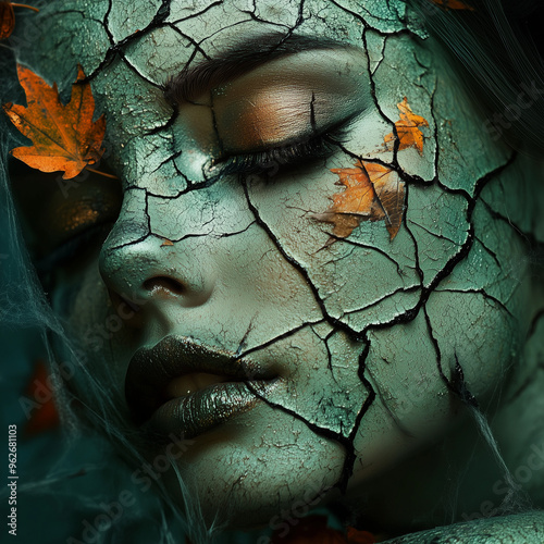 Halloween Make up for woman, witch, autumn colors green and orange, leaves, spiders, close up portrait, beautiful caucasian woman with nice clean face and beautiful eyes