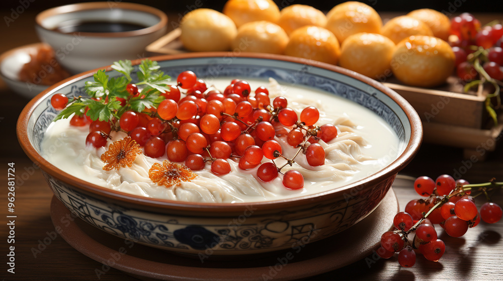 Few medlar And Red Dates in a Bowl Of White Rice Porridge Few medlar And Red Dates in a Bowl Of White Rice Porridge
