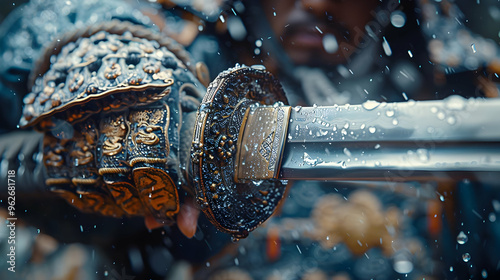Closeup of a Samurai Sword with Water Droplets - Realistic Image