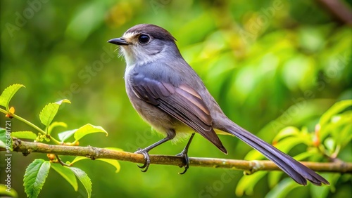 A Small Songbird With A Dark Gray Body And Long Tail, Perched On A Branch In A Tree With A Green Leaf Background. photo