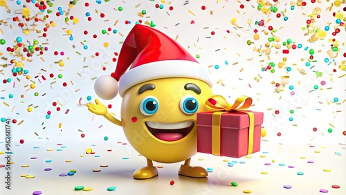 A Small, Yellow Emoji Wearing A Santa Hat, Holding A Wrapped Gift, And Surrounded By Colorful Confetti On A White Background photo