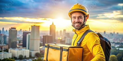A smiling delivery person wearing a bright yellow helmet and holding a thermal bag with a cityscape blurred in the background. photo