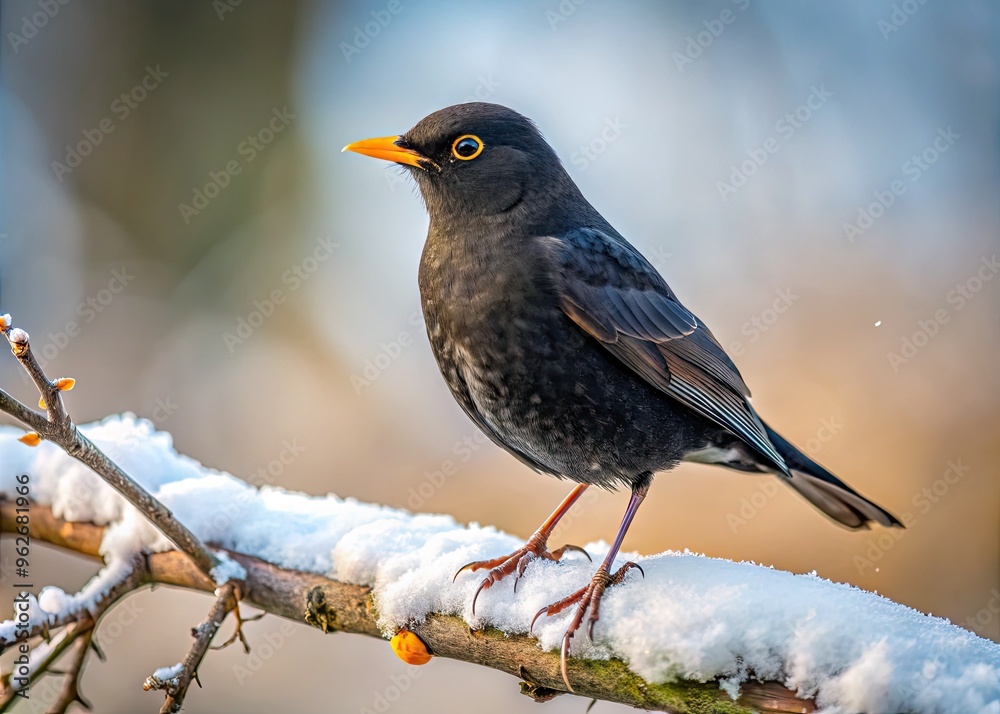A Solitary Blackbird Stands On A Branch In A Barren Winter Landscape, Highlighted By A Dusting Of Snow On Its Back. A Solitary Blackbird Stands On A Branch In A Barren Winter Landscape, Highlighted By A Dusting Of Snow On Its Back.