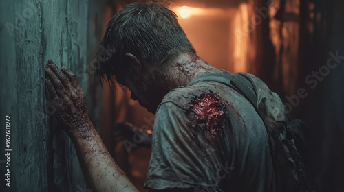 A man is covered in blood and is leaning against a wall