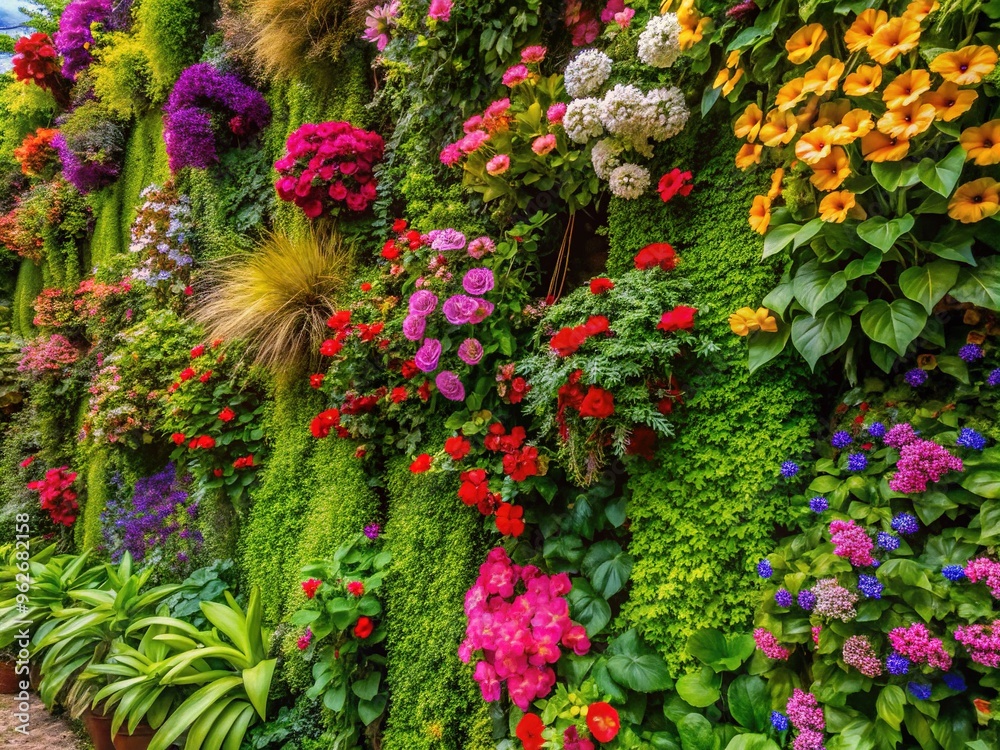 Vibrant colorful flowers bloom in a whimsical vertical garden, amidst lush greenery, on a textured wall, creating a stunning botanical scenery. Vibrant colorful flowers bloom in a whimsical vertical garden, amidst lush greenery, on a textured wall, creating a stunning botanical scenery.