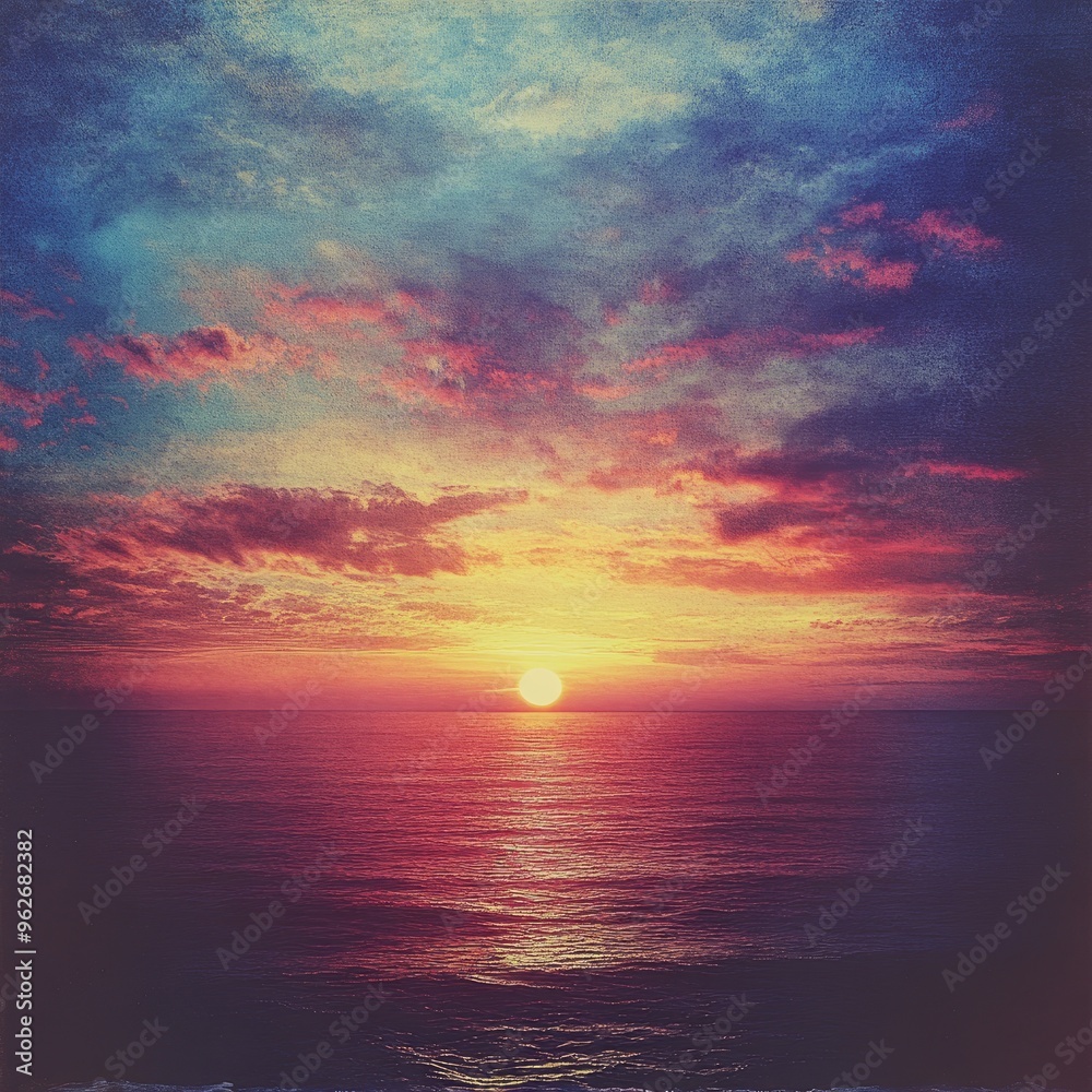 A vibrant sunset over the ocean, with colorful clouds reflecting in the water. A vibrant sunset over the ocean, with colorful clouds reflecting in the water.