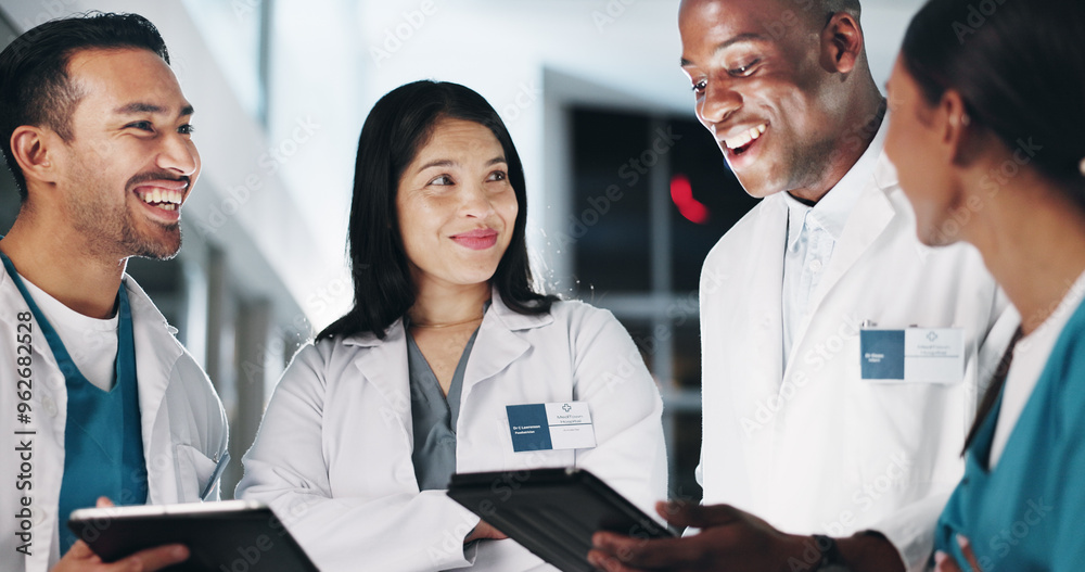 Fototapeta premium Group, doctors and tablet at clinic, happy and circle with report, results or strategy at night. People, teamwork and diversity with digital touchscreen for review, feedback and research at hospital