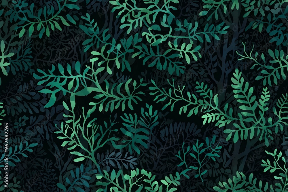 A lush array of green foliage set against a dark background, creating a rich, textured design that evokes the tranquility of nature.