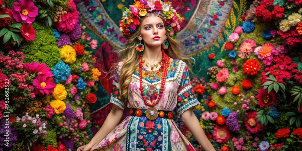 A Stylish Woman Clad In A Flowing Bohemian Dress, Adorned With Intricate Embroidery And Colorful Accessories, Stands Amidst A Vibrant Floral Backdrop. A Stylish Woman Clad In A Flowing Bohemian Dress, Adorned With Intricate Embroidery And Colorful Accessories, Stands Amidst A Vibrant Floral Backdrop.