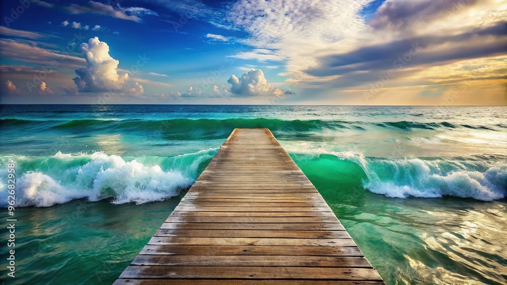 Vibrant deep teal hues illuminate a serene ocean wave, gently lapping against a weathered wooden dock, evoking a sense of calm and tranquility. Vibrant deep teal hues illuminate a serene ocean wave, gently lapping against a weathered wooden dock, evoking a sense of calm and tranquility.