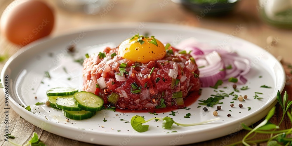 Serving traditional beef tartare accompanied by a raw egg, onions, and cucumber on a light-colored dish.