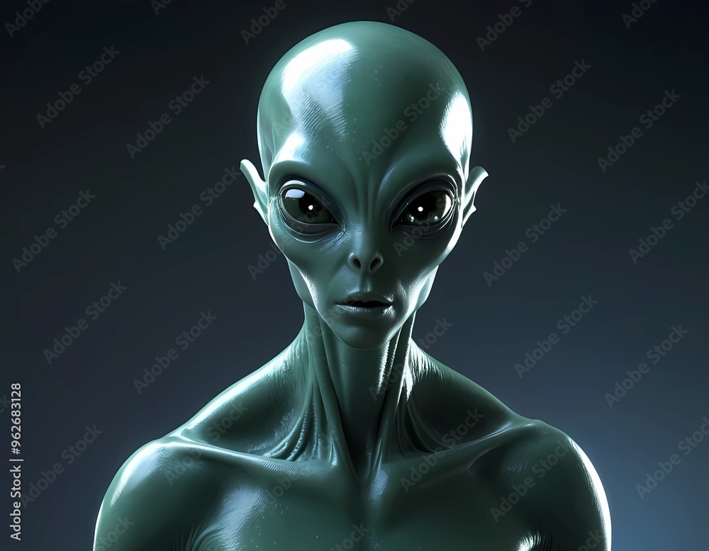 Create a visual representation of an alien being with a humanoid shape but distinctly otherworldly features. The alien should have large, almond-shaped eyes that glow softly, a slender body. Create a visual representation of an alien being with a humanoid shape but distinctly otherworldly features. The alien should have large, almond-shaped eyes that glow softly, a slender body.