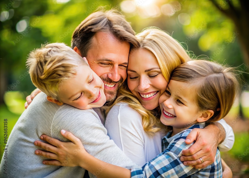 A Sweet And Affectionate Family Embraces In A Loving Hug, Their Faces Beaming With Joy And Happiness. A Sweet And Affectionate Family Embraces In A Loving Hug, Their Faces Beaming With Joy And Happiness.