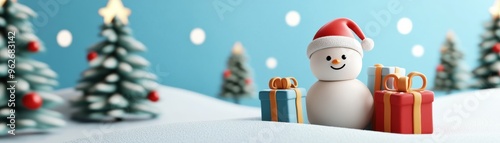 Cute Christmas characters in a snowy landscape with presents, 3D clay render