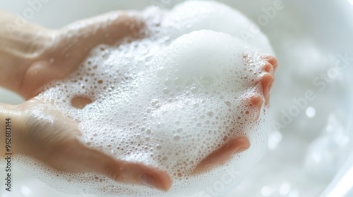 Close-Up of Hands Washing with Minimal Soap and Bubbles. The image shows two hands actively washing, with a small amount of soap creating white foam and bubbles. 