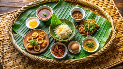 A Traditional Burmese Breakfast, Featuring Mohinga, Green Tea, And Other Local Delicacies, Served On A Woven Bamboo Mat. photo