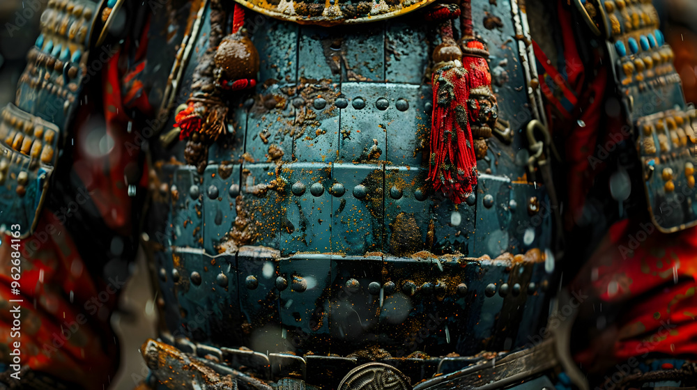 Fototapeta premium Close Up of a Mud-Covered Metal Armor with Red Tassels - Realistic Image