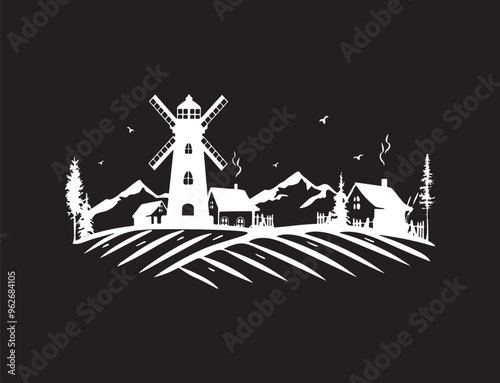 rural landscape with windmill and fields, vector silhouette on black background. farm vector silhouette chalk. windmill and houses vector silhouette sketch