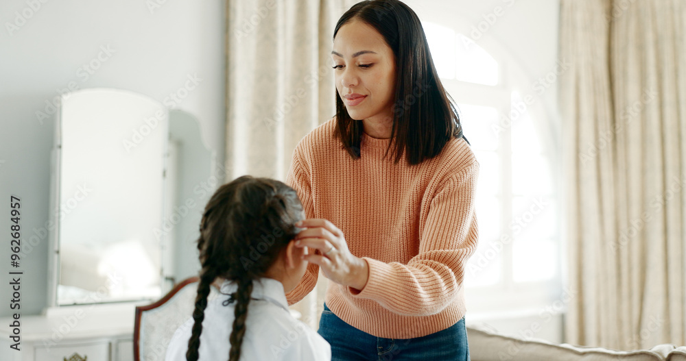 Morning, school uniform and mama with girl, home and happiness with love, bonding together and care. Apartment, bed and single parent with daughter, mother and kid with help, excited and education