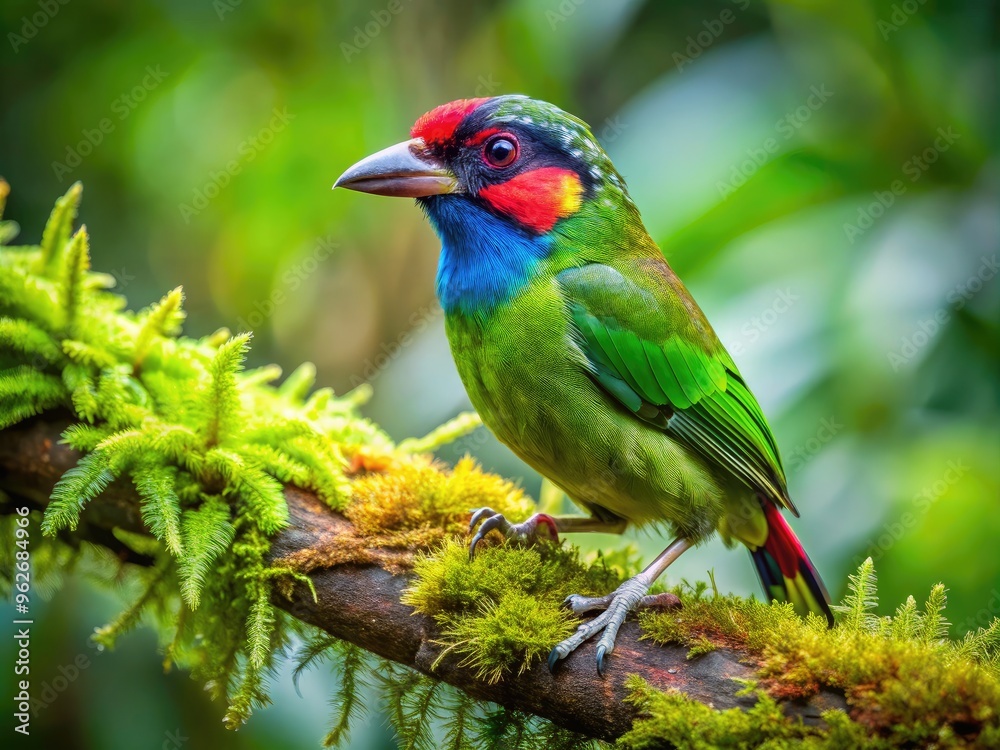 A Vibrant Green Barbets Bird Perches On A Mossy Branch, Its Colorful Beak Contrasting Against The Lush Foliage. A Vibrant Green Barbets Bird Perches On A Mossy Branch, Its Colorful Beak Contrasting Against The Lush Foliage.