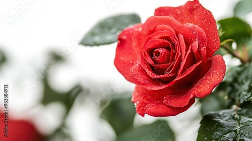 Single beautiful red rose on blurred background