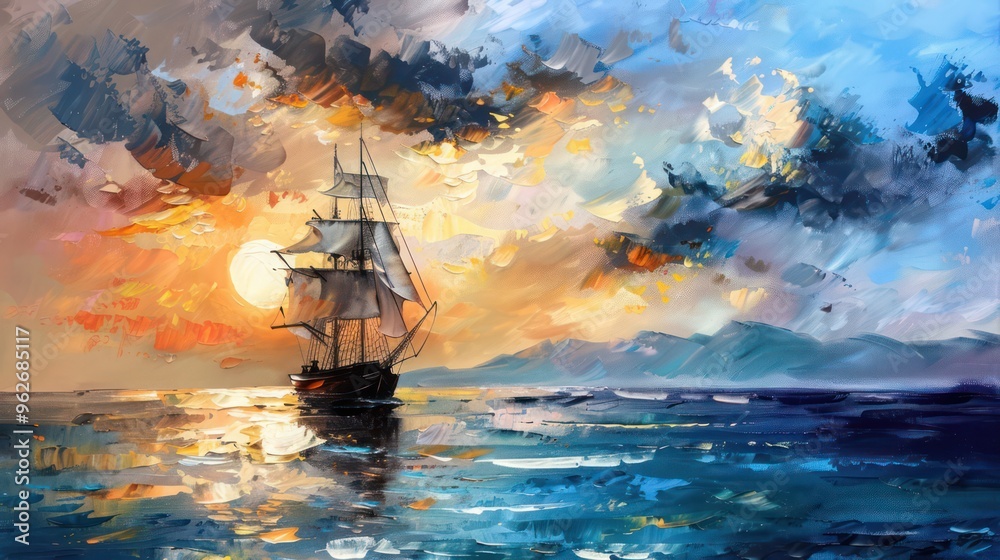 Fototapeta premium A vibrant painting of a sailing ship at sunset, reflecting colors on the water.