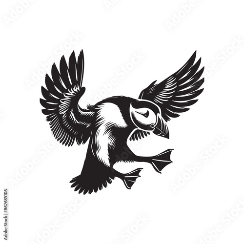 Fratercula arctica Silhouette – Atlantic Puffin Vector Illustration in black and white