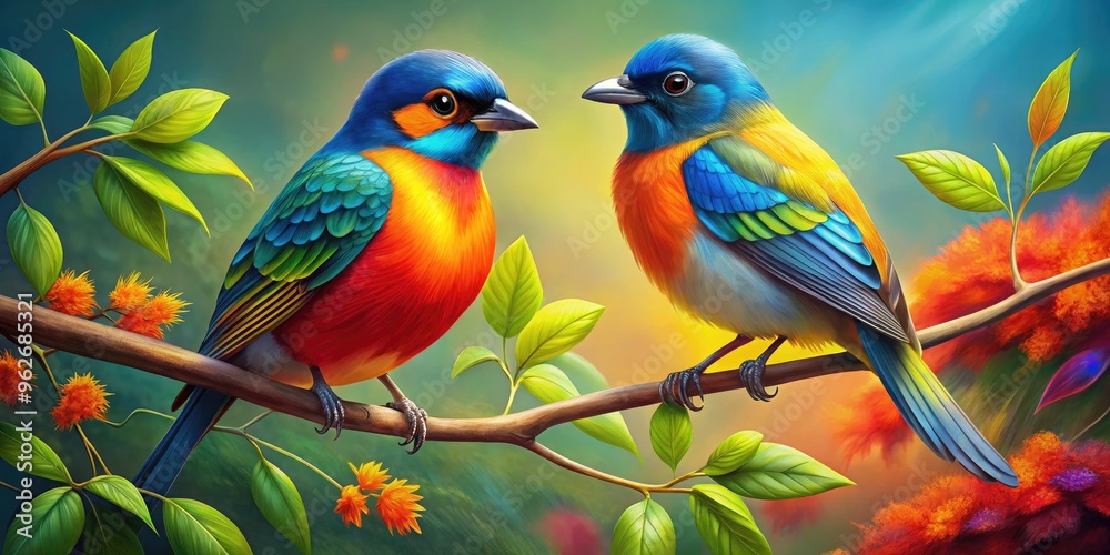 A Vibrant Painting Depicts Two Colorful Birds Perched On A Branch, Symbolizing The Renowned Audubon Society Dedicated To Bird Conservation. A Vibrant Painting Depicts Two Colorful Birds Perched On A Branch, Symbolizing The Renowned Audubon Society Dedicated To Bird Conservation.