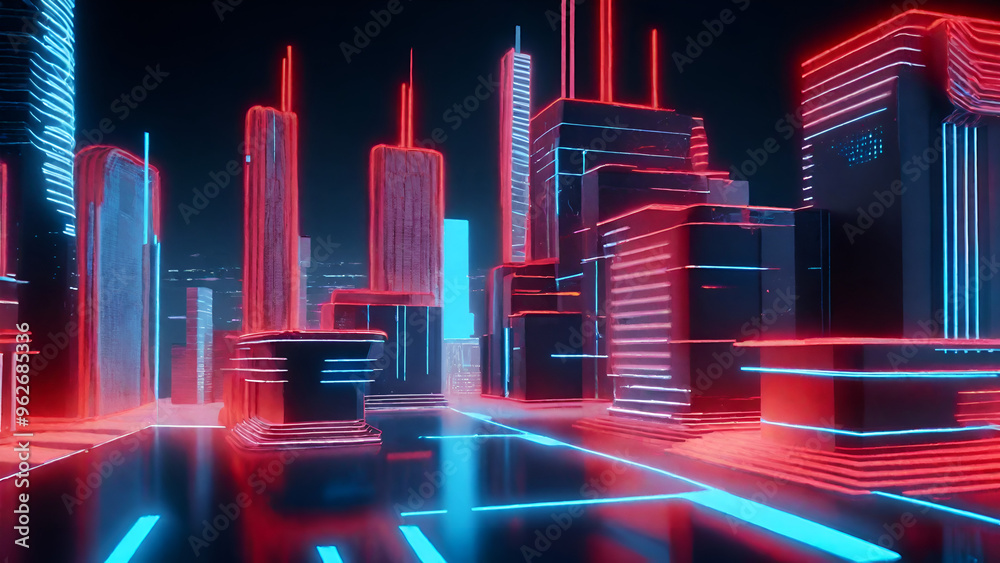3d render, abstract neon city at night with red blue glowing lights, background with geometric shapes and lines 3d render, abstract neon city at night with red blue glowing lights, background with geometric shapes and lines