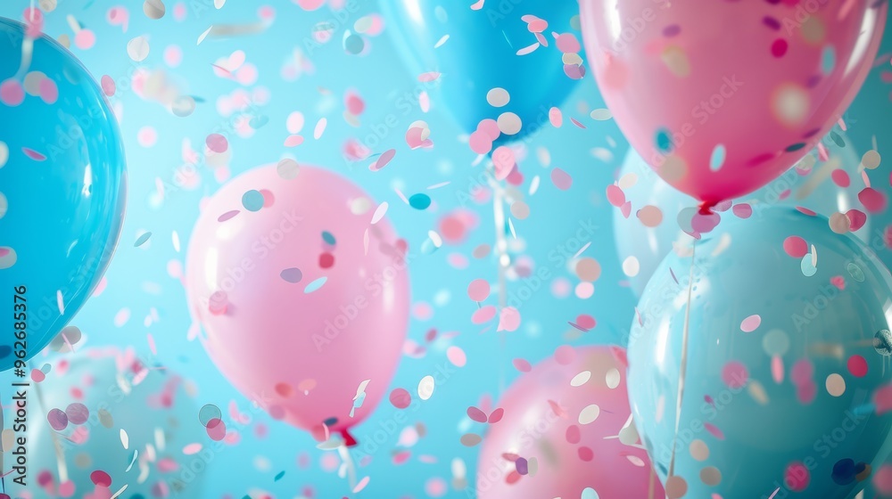 Celebrate, balloons and confetti background with copy space for festive gender reveal party, decor, balloon, birthday, fun, holiday, surprise, festive, happy