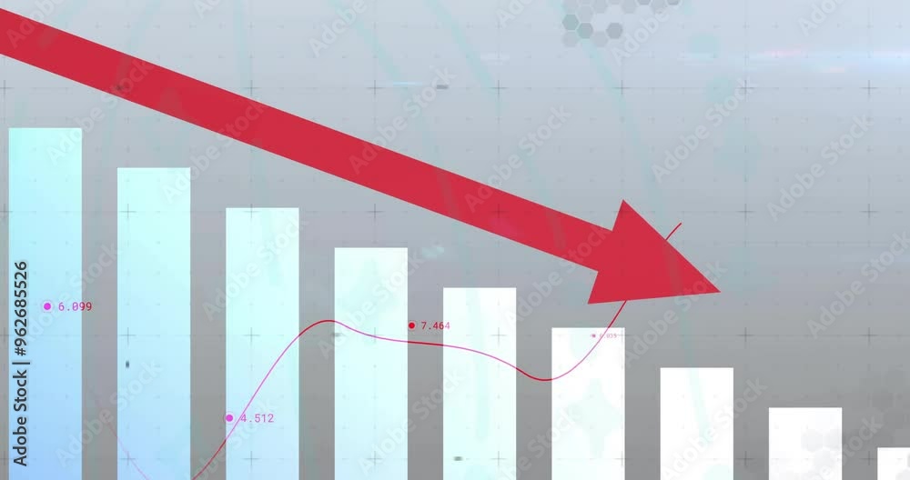Red downward arrow and bar chart depicting financial decline animation