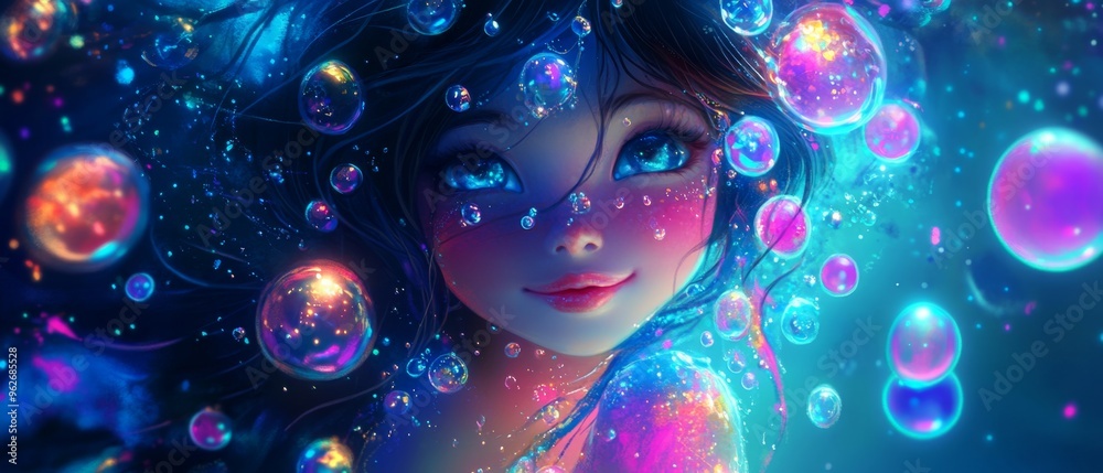 Kawaii Matsya Avatar with a cheerful expression, glowing under the sea, surrounded by sparkling bubbles and vibrant sea life, radiating divine innocence Kawaii Matsya Avatar with a cheerful expression, glowing under the sea, surrounded by sparkling bubbles and vibrant sea life, radiating divine innocence
