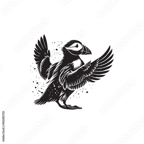 Black and White Atlantic Puffin Vector - Fratercula arctica Clipart Illustration in black and white