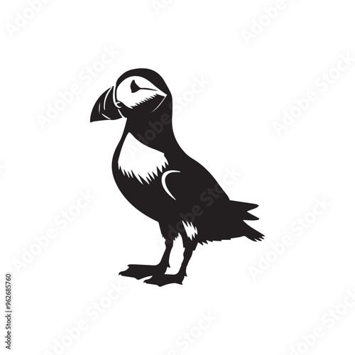 Black and White Atlantic Puffin Vector - Fratercula arctica Clipart Illustration in black and white