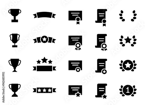 Awards icons set. Trophy cups, diplomas, certificates, winner prize icon, laurel wreath. Set of pictograms vector illustration. Flat design