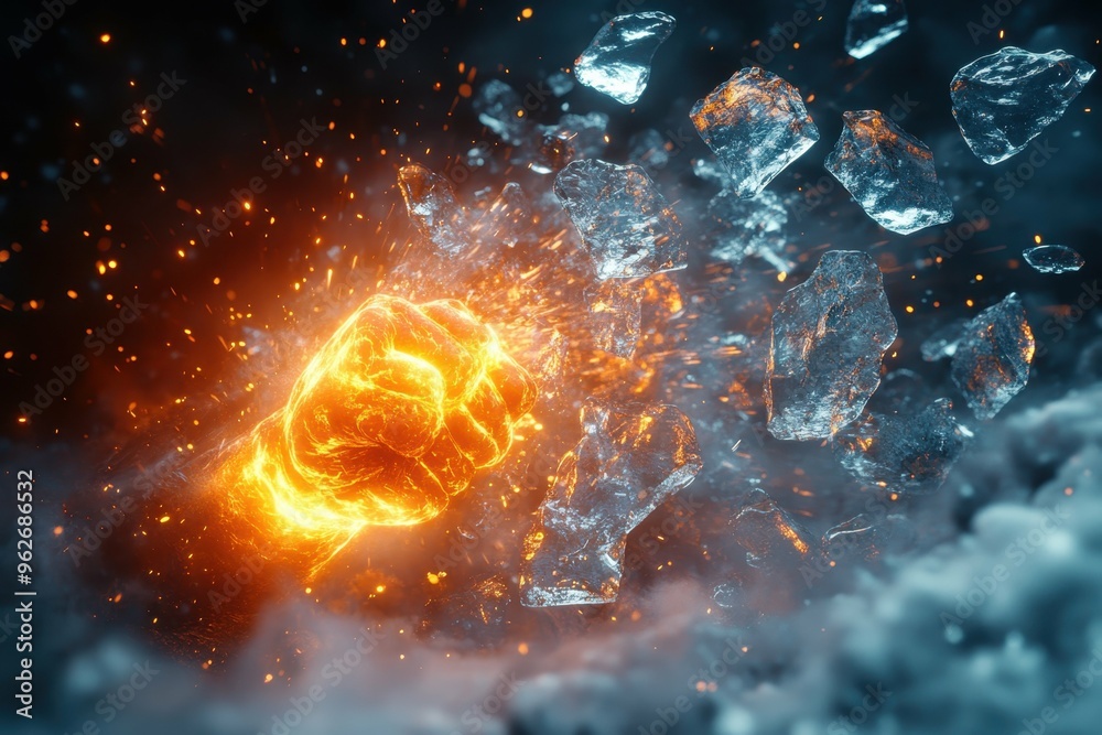 A glowing fist smashing through a wall of ice with ice shards scattering in slow motion. Break the ice. A glowing fist smashing through a wall of ice with ice shards scattering in slow motion. Break the ice.