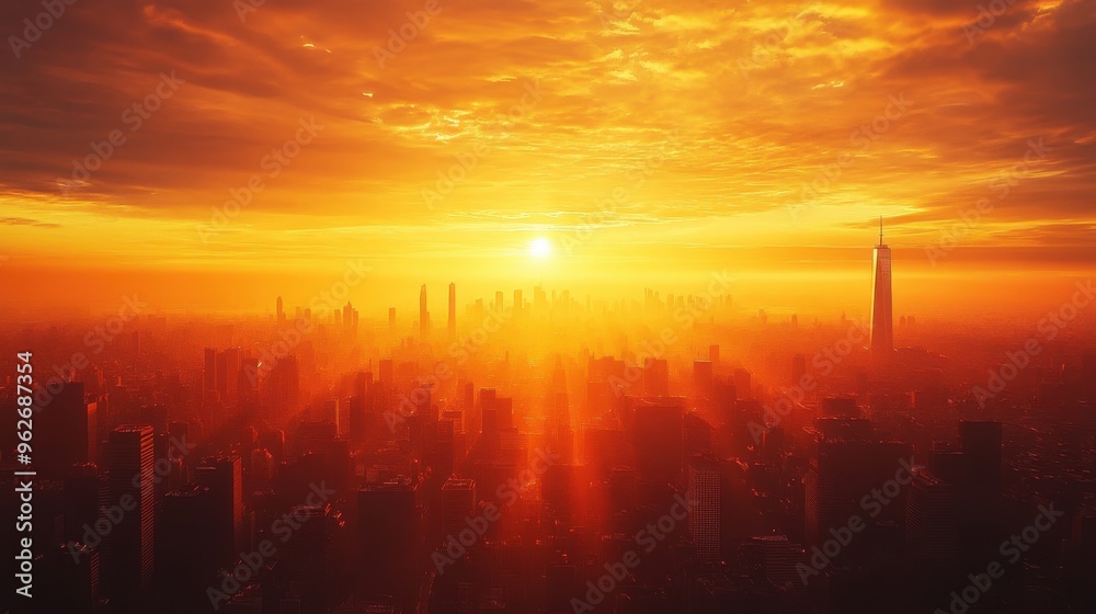 Fototapeta premium A city skyline is lit up by the sun, creating a warm and inviting atmosphere