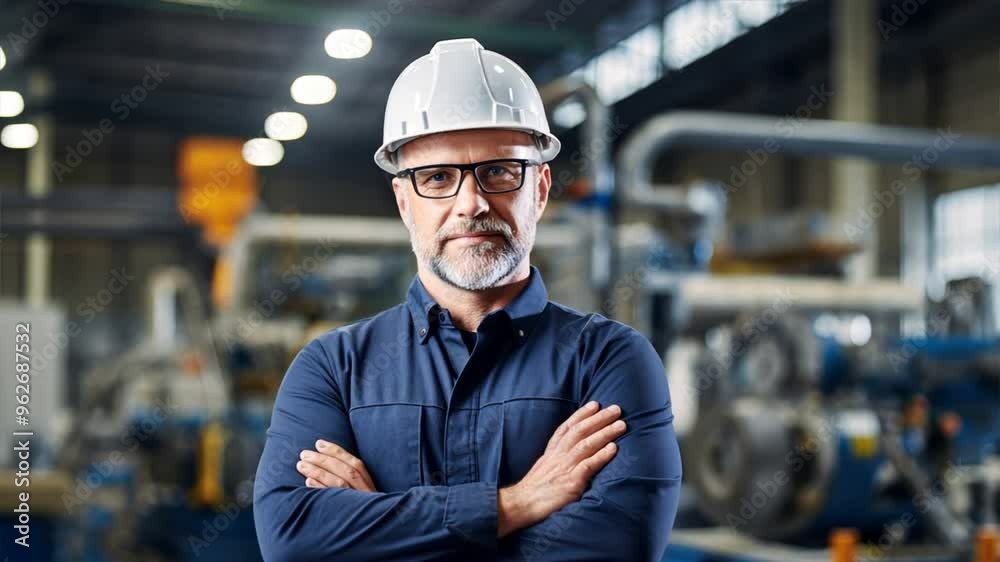 A confident male engineer in a hard hat and safety vest, standing with crossed arms A confident male engineer in a hard hat and safety vest, standing with crossed arms