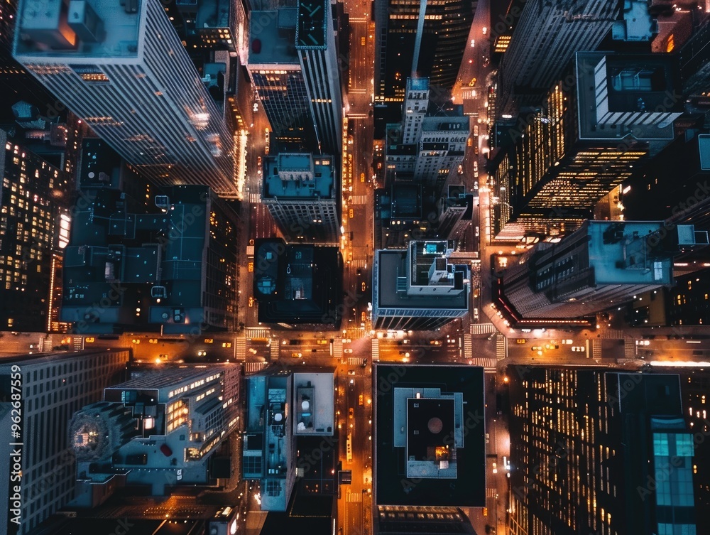 Aerial top view of downtown district buildings in night city light. Aerial top view of downtown district buildings in night city light.