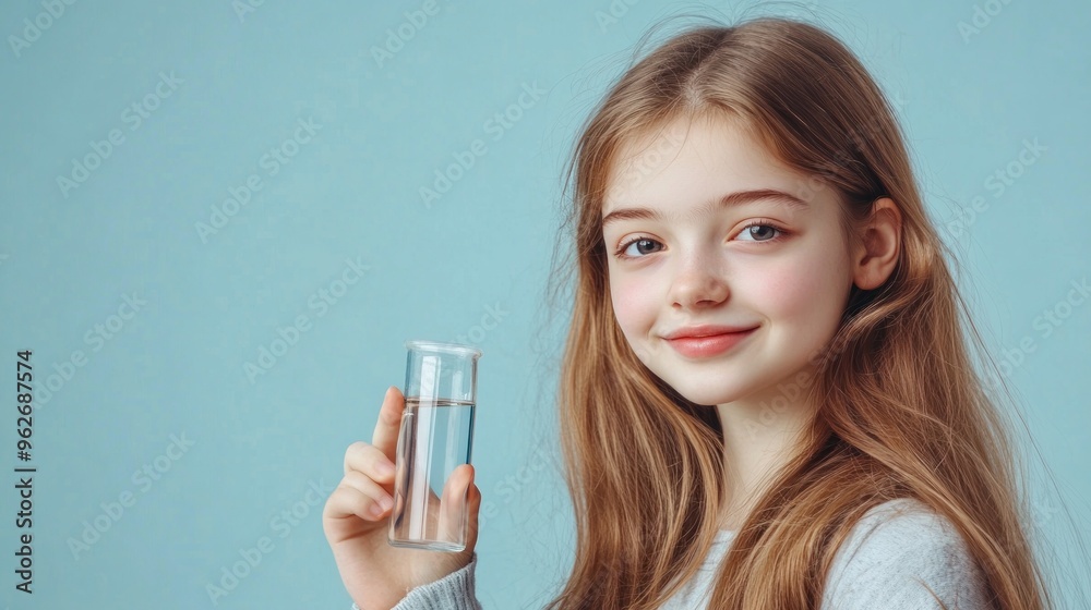A young girl holding a skincare product, smiling against a light blue background. A young girl holding a skincare product, smiling against a light blue background.