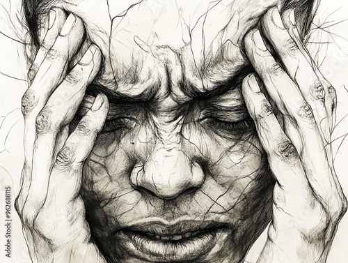 Wallpaper Mural Black and white drawing of a person in pain, holding their head. Torontodigital.ca
